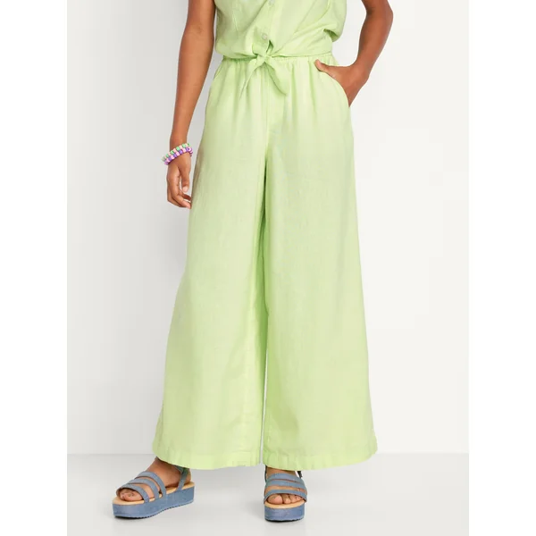 High-Waisted Linen-Blend Wide-Leg Pants for Girls - Pale Citron