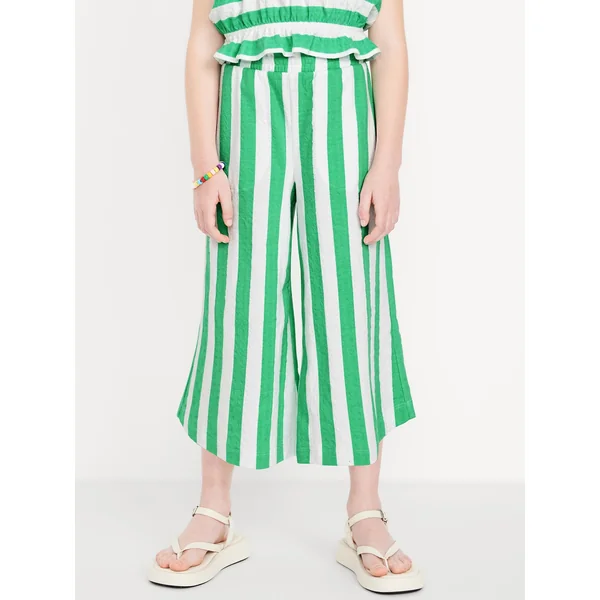 High-Waisted Pucker Wide-Leg Pants for Girls - Green Stripe