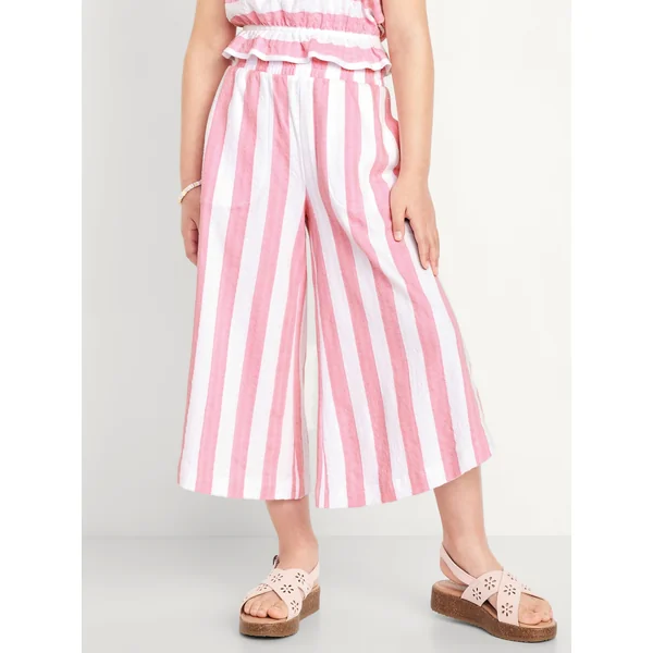 High-Waisted Pucker Wide-Leg Pants for Girls - Pink Stripe
