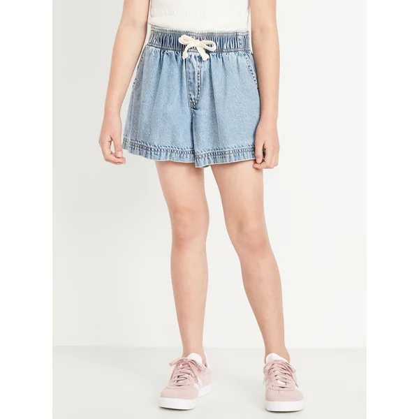 High-Waisted Pull-On Jean Shorts for Girls - Waves (Light Wash)