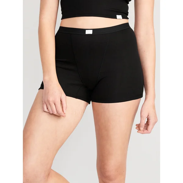High-Waisted Ribbed Boyshort Briefs -- 3-inch inseam - Black Jack