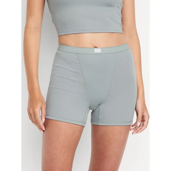 High-Waisted Ribbed Boyshort Briefs -- 3-inch inseam - Silver Sage