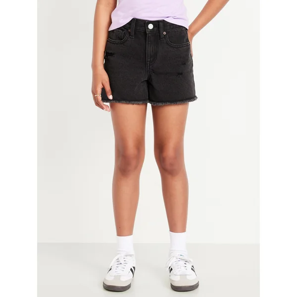 High-Waisted Ripped Frayed-Hem Jean Shorts for Girls - Black Destructed