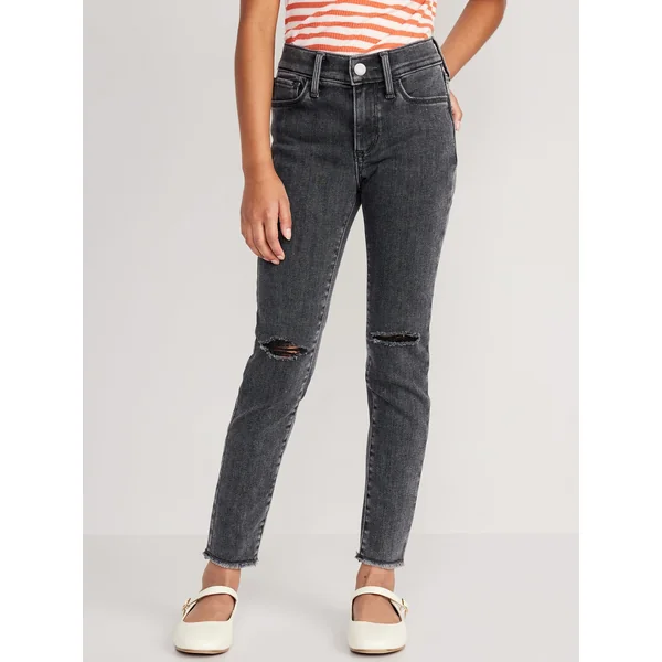 High-Waisted Rockstar 360° Stretch Ripped Jeggings for Girls - Destroyed Black Wash