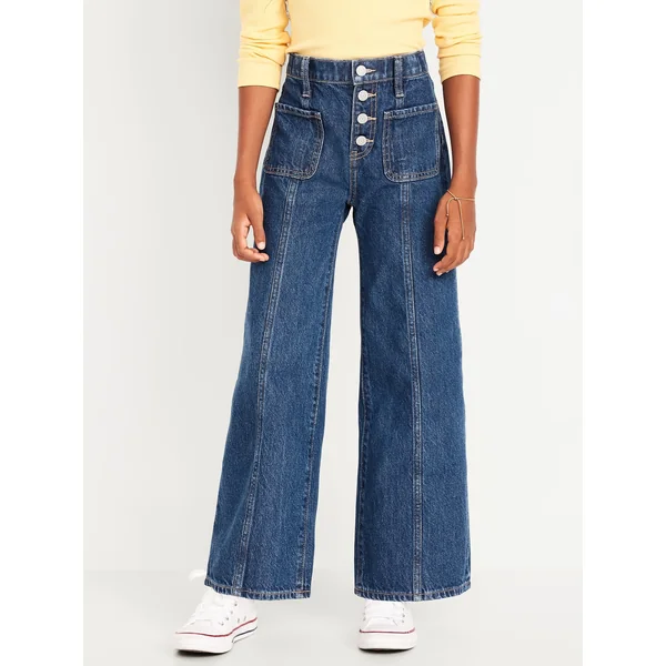 High-Waisted Super Baggy Button-Fly Wide-Leg Utility Jeans for Girls - Medium Wash
