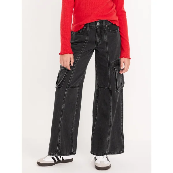High-Waisted Super Baggy Wide-Leg Cargo Jeans for Girls - Black Wash