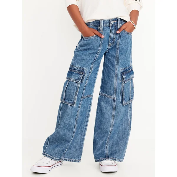 High-Waisted Super Baggy Wide-Leg Cargo Jeans for Girls - Medium Wash
