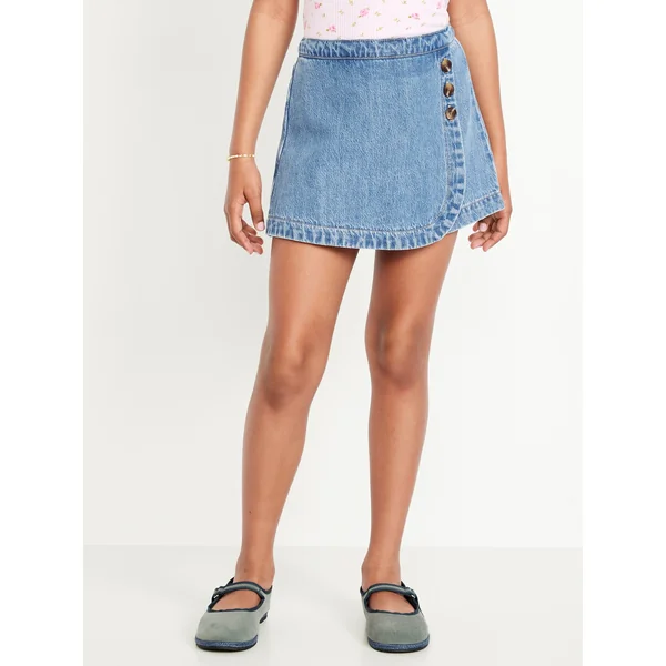 High-Waisted Wrap-Front Jean Skort for Girls - Medium Wash