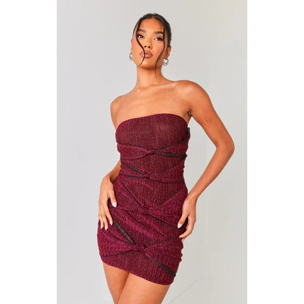 Hot Pink Glitter Plisse Knot Detail Bandeau Bodycon Dress