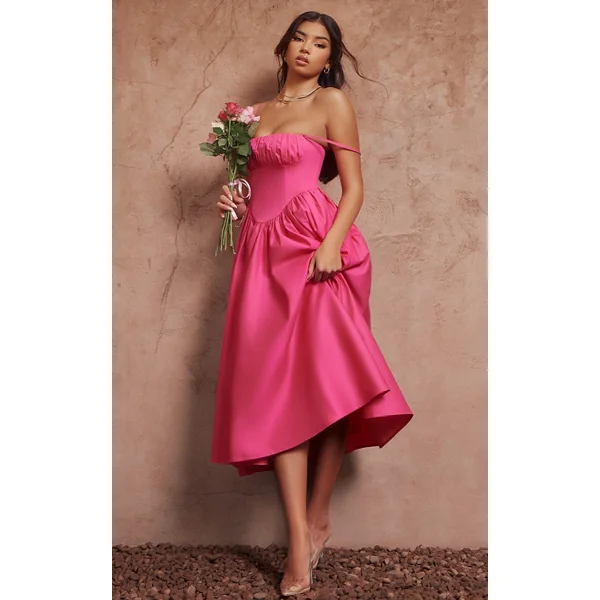Hot Pink Ruched Bust Corset Strappy Midaxi Dress