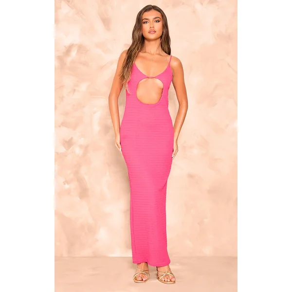 Hot Pink Textured Cut Out Detail Strappy Midi Dress