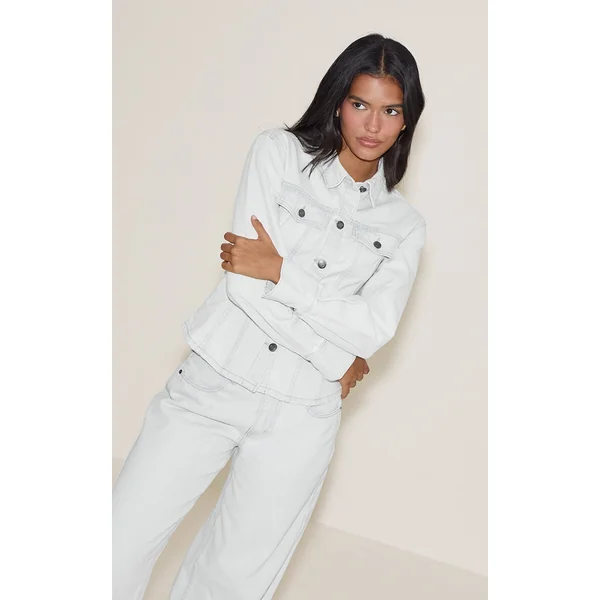 Ice Blue Long Sleeve Cinch Waist Denim Jacket