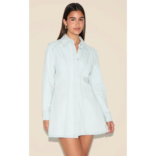Ice Blue Long Sleeve Cinched Waist Denim Shirt Dress