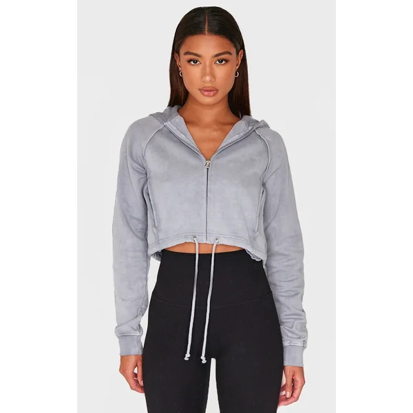 Ice Grey Washed Exposed Seam Cropped Drawstring Hoodie