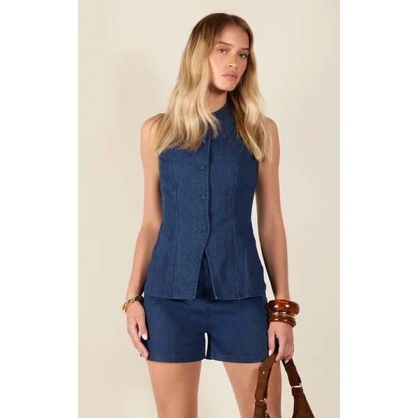 Indigo Backless Vest Style Denim Romper