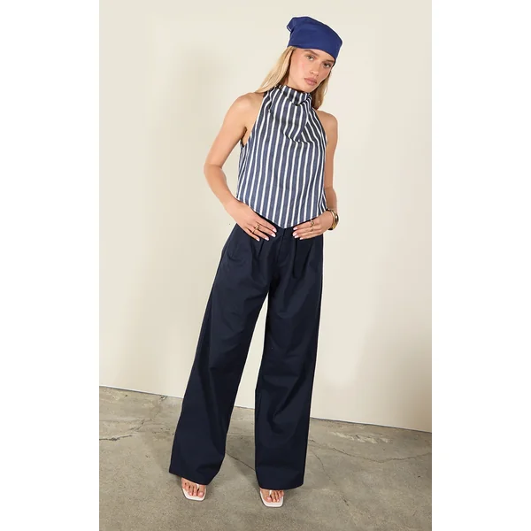 Indigo Blue Button Detail High Waisted Wide Leg Pants