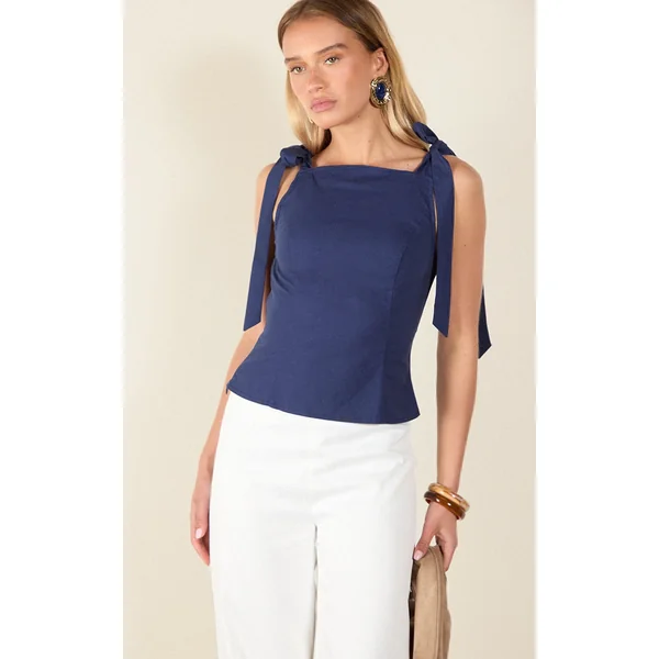 Indigo Blue Linen-Blend Shoulder Tie Detail Top