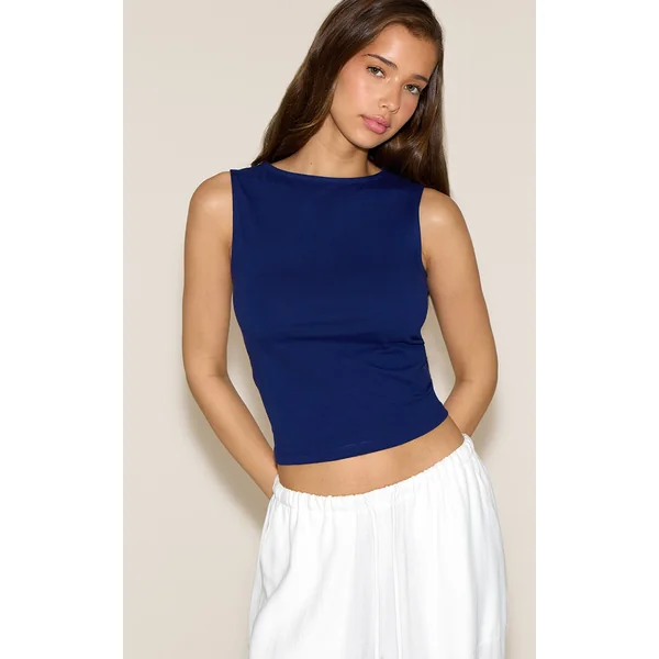 Indigo Blue Soft Cotton Boat Neck Sleeveless Top