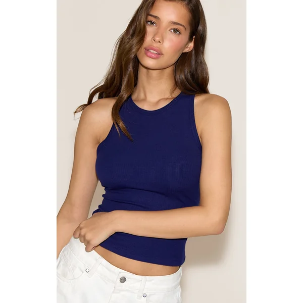 Indigo Blue Soft Rib Racer Neck Vest Top
