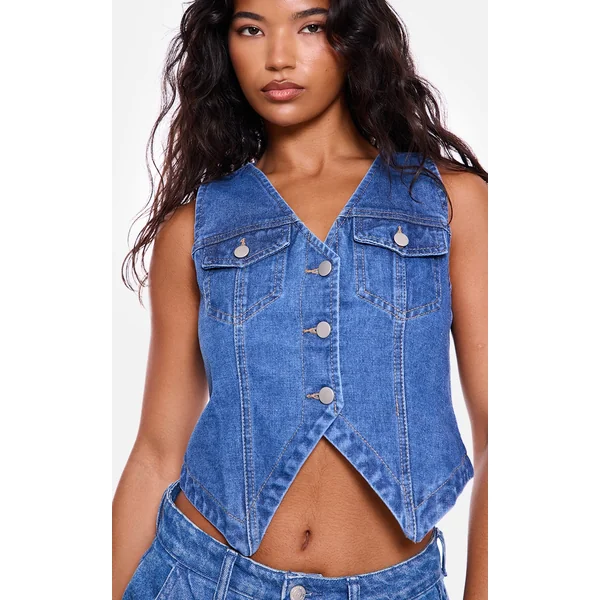 Indigo Blue Wash Halterneck Button Front Denim Vest
