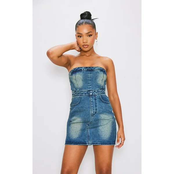 Indigo Blue Wash Zip Detail Bandeau Mini Dress