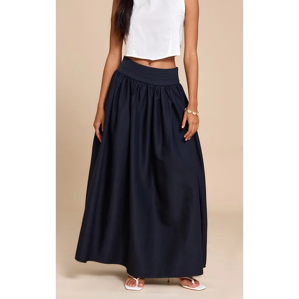 Indigo Blue Woven Drop Waist Rib Panel Maxi Skirt