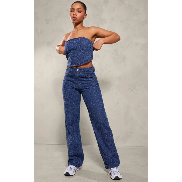 Indigo Bobble Denim High Waist Wide Leg Jean