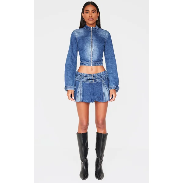 Indigo Buckle Detail Denim Puffball Mini Skirt