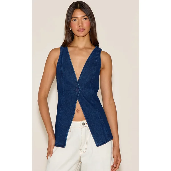 Indigo Button Detail Sleeveless Denim Vest