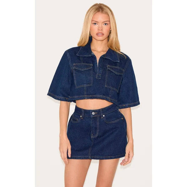 Indigo Contrast Stitch Cropped Denim Shirt