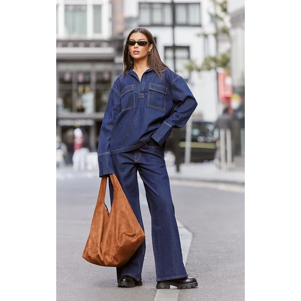 Indigo Contrast Stitch High Waist Wide Leg Jeans