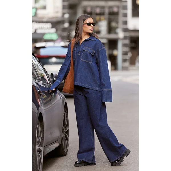 Indigo Contrast Stitch Long Sleeve Denim Rugby Shirt