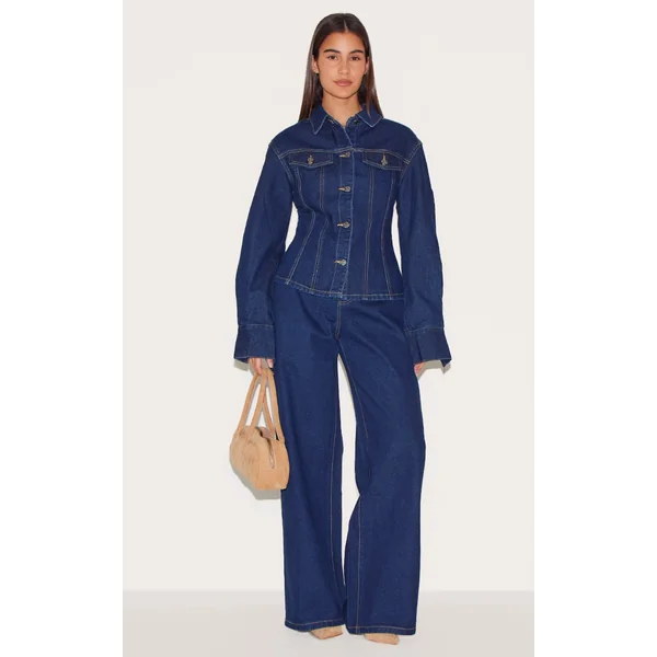 Indigo Contrast Stitch Mid Waist Wide Leg Jeans