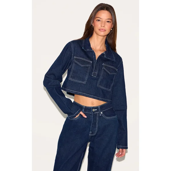 Indigo Contrast Stitch Seam Detail Cropped Denim Shirt
