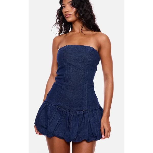 Indigo Denim Bandeau Puffball Mini Dress