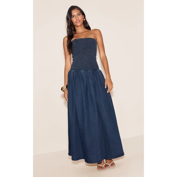 Indigo Drop Waist Denim Puffball Maxi Dress