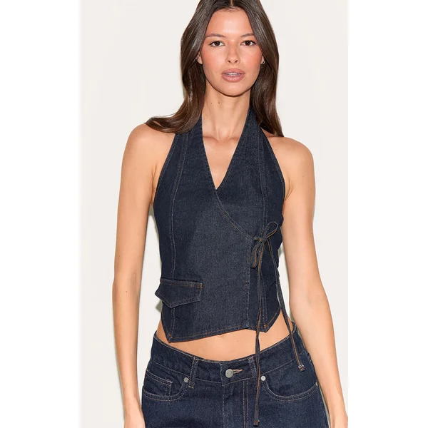 Indigo Halter Neck Wrap Front Denim Vest