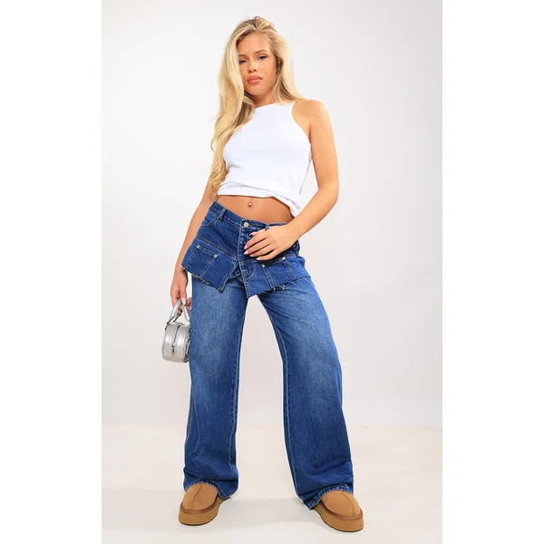 Indigo Layered Exposed Pocket Wide Leg Jeans