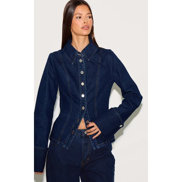 Indigo Long Sleeve Cinch Waist Denim Shirt