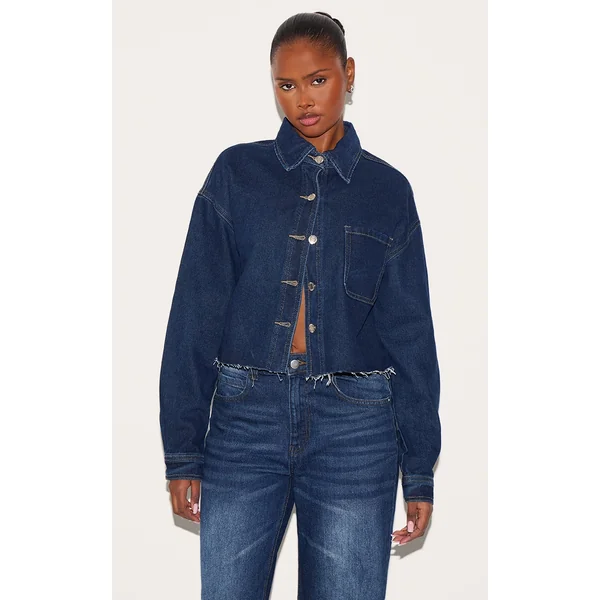Indigo Raw Hem Cropped Denim Shirt