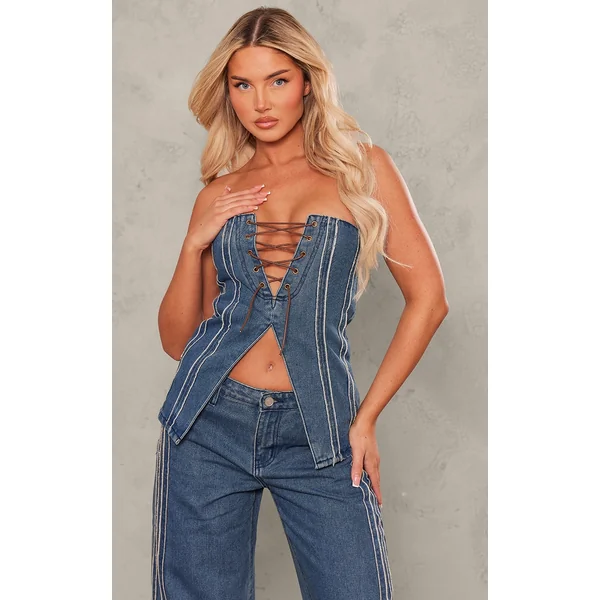 Indigo Raw Stripe Detail Lace Up Corset Top
