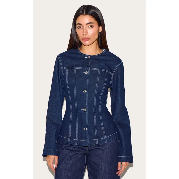 Indigo Round Neck Cinched Long Sleeve Denim Jacket