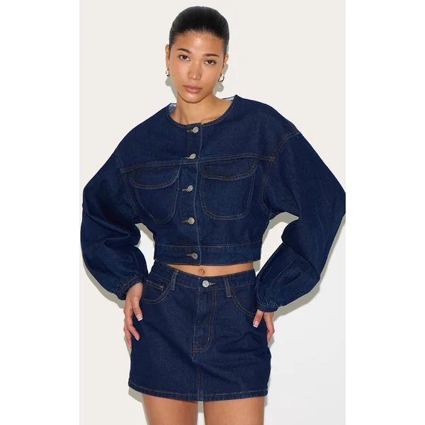 Indigo Round Neck Crop Denim Jacket