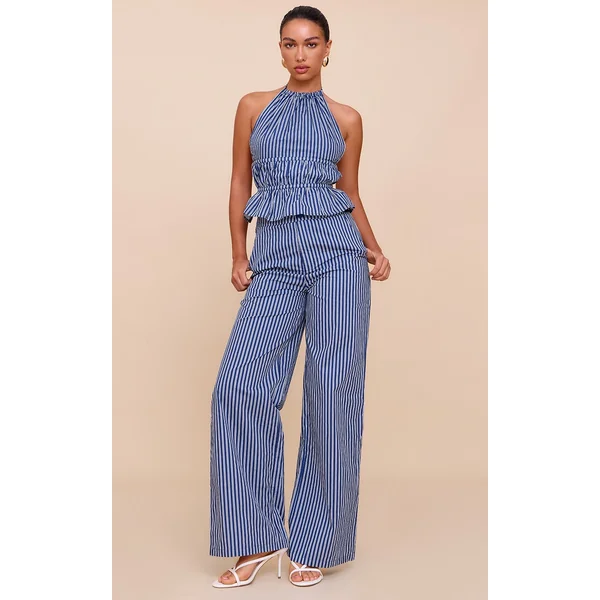 Indigo Stripe Woven Mid Rise Wide Leg Pant