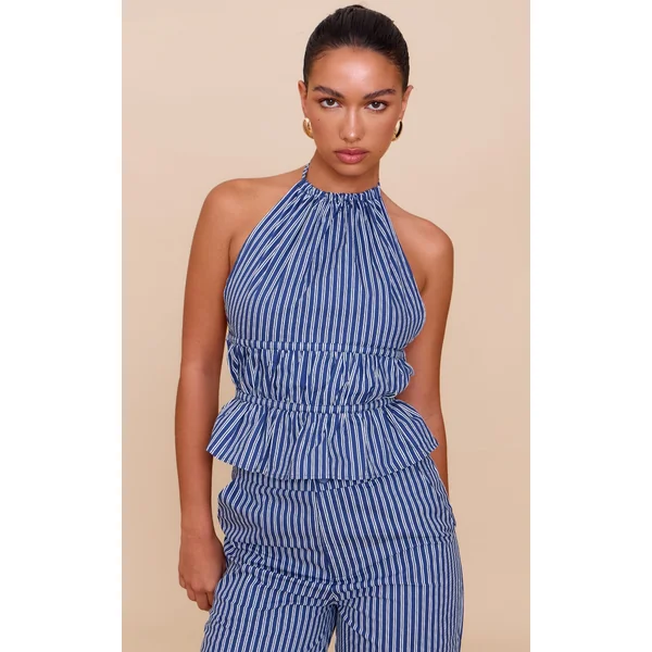 Indigo Stripe Woven Ruched Backless Halterneck Long Top