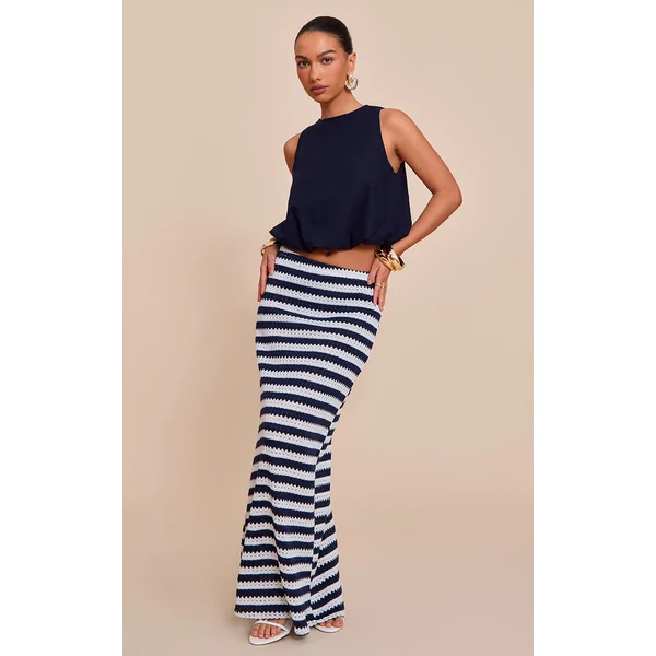 Indigo Striped Textured Jersey Maxi Skirt
