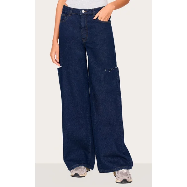 Indigo Thigh Split Wide Leg Jeans