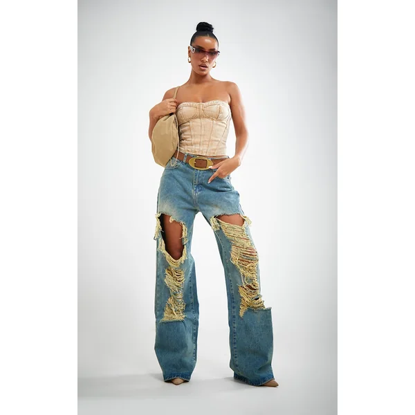 Indigo Vintage Wash Extreme Rip Front Straight Leg Jeans