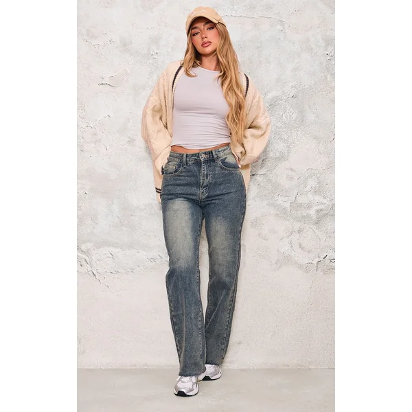 Indigo Vintage Wash Frayed Hem Straight Leg Jeans