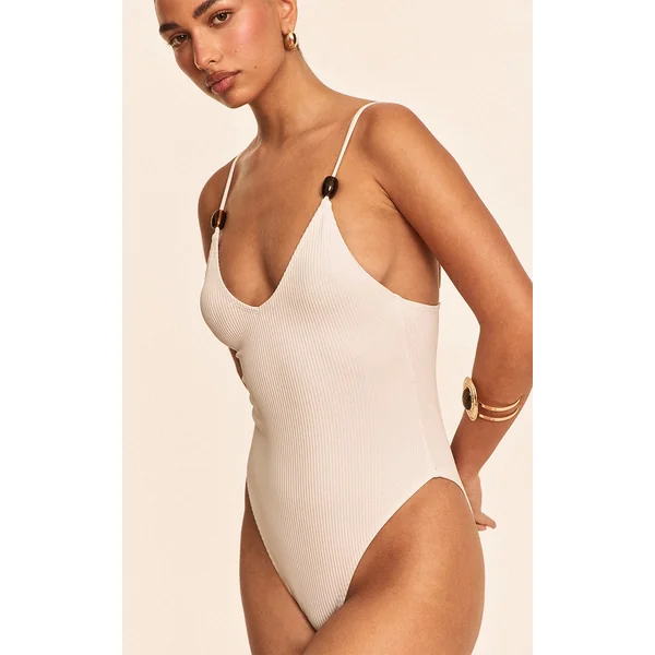 Ivory Ribbed Bead Trim Scoop Backless Swimsuit